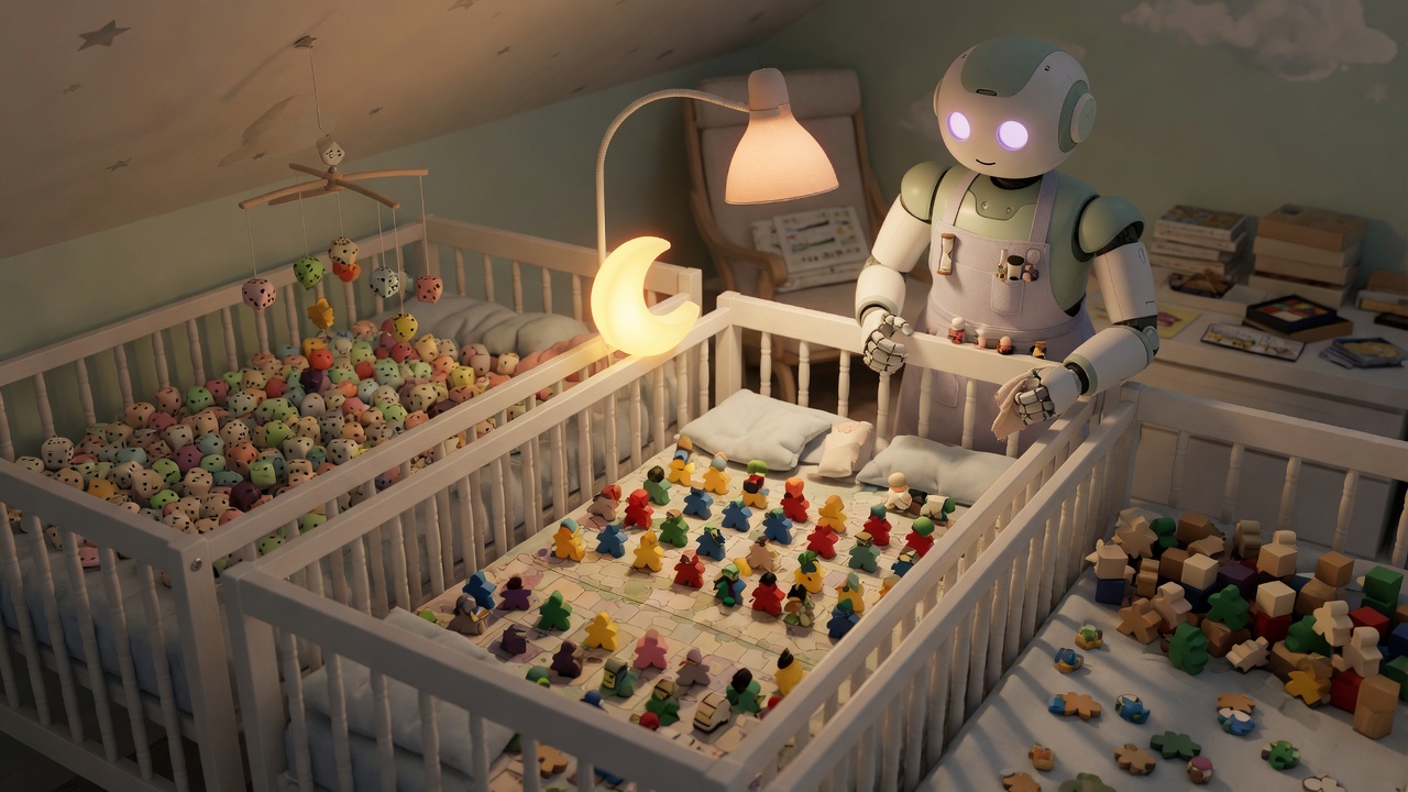 Close view of the nursery: a mint robot caregiver at the meeple crib, crescent lamp glowing, dice piled in the neighboring crib, wooden tokens spilled across the third mattress.