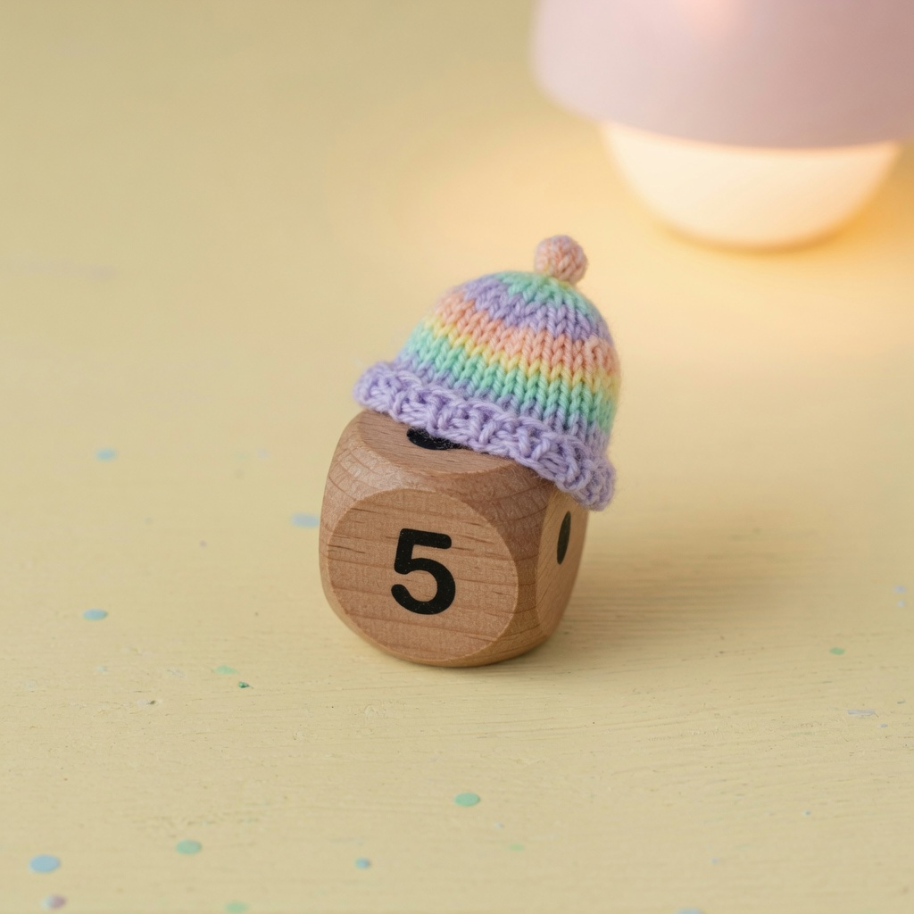 A wooden six-sided die showing a five, wearing a tiny pastel rainbow knit baby cap, sitting on a lemon-yellow table under a warm lamp.